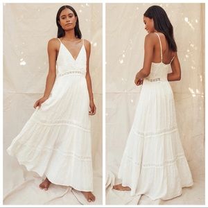 Lulus Light Breeze White Striped Crochet Lace Tiered Maxi Dress XSMALL